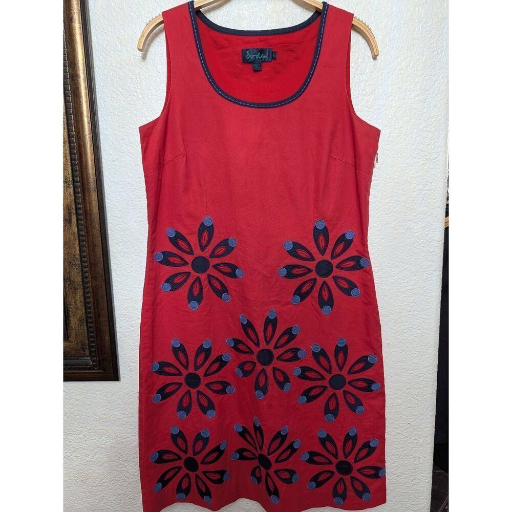 Boden Red Midi Dress with Navy Floral Appliqué